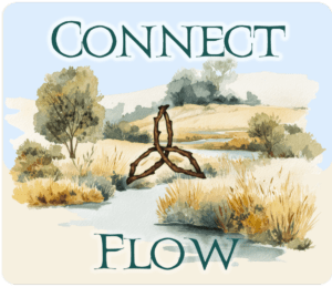 An image of a stream flowing through trees with the words Connect and Flow on it
